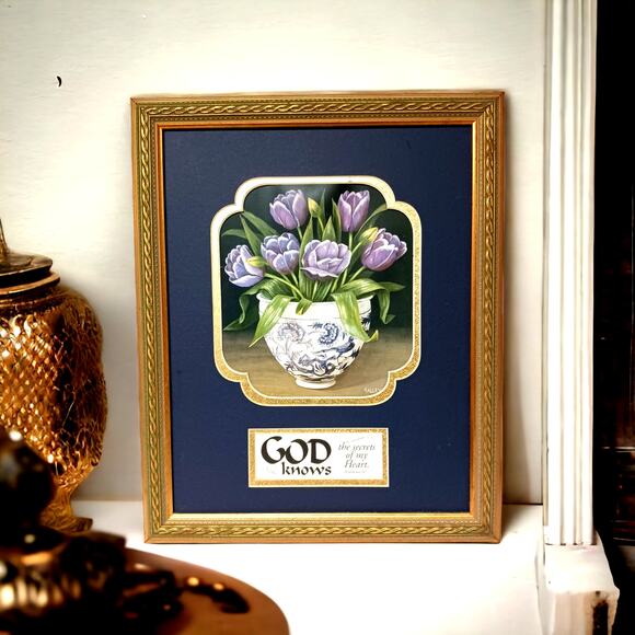 Christian Scripture Framed Picture Purple Floral Tulips Ps 44:21 Inspirational - Picture 13 of 13